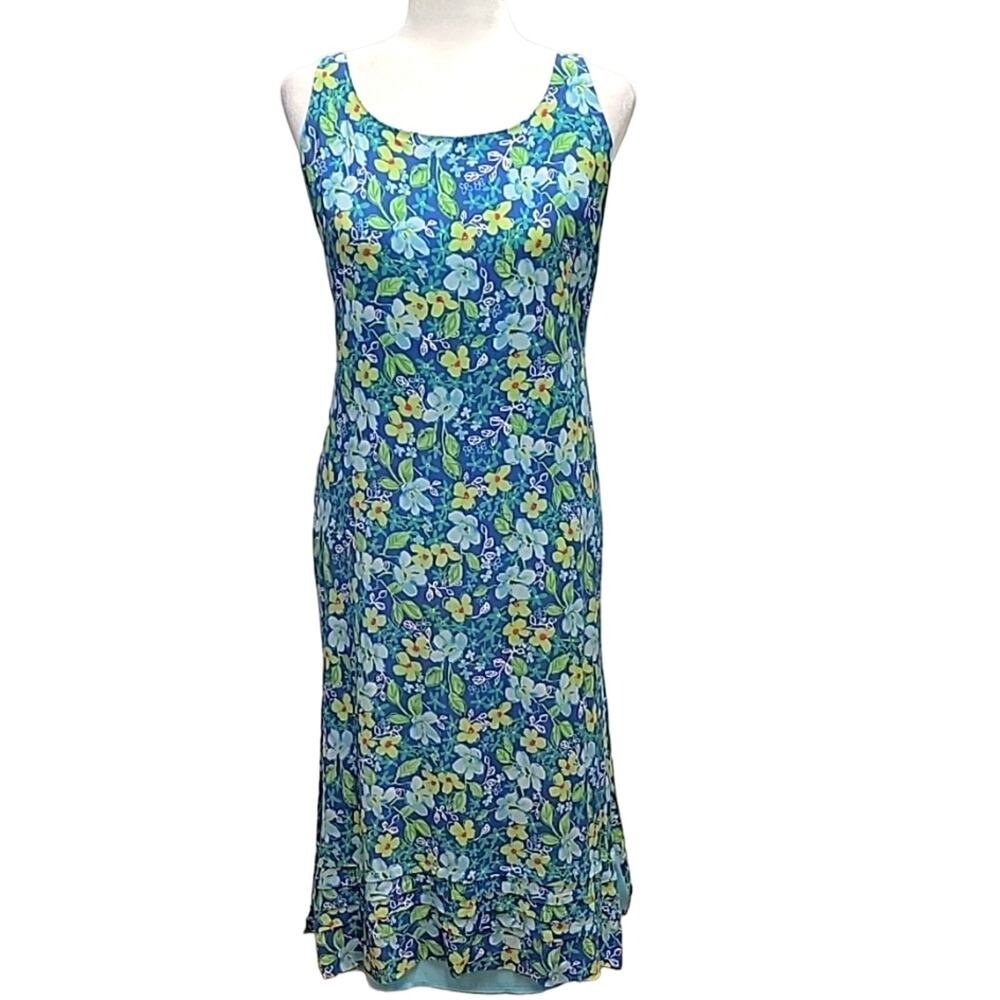 Sigrid Olsen Blue Floral Midi Dress with Yellow & Green Accents